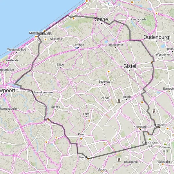 Miniatuurkaart van de fietsinspiratie "Ontdek de Koekelareberg" in Prov. West-Vlaanderen, Belgium. Gemaakt door de Tarmacs.app fietsrouteplanner