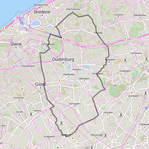 Karten-Miniaturansicht der Radinspiration "Entspannte Radrunde durch Westflandern" in Prov. West-Vlaanderen, Belgium. Erstellt vom Tarmacs.app-Routenplaner für Radtouren