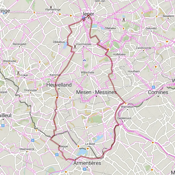 Karten-Miniaturansicht der Radinspiration "Graveltour von Ieper nach Warneton - Waasten und zurück" in Prov. West-Vlaanderen, Belgium. Erstellt vom Tarmacs.app-Routenplaner für Radtouren