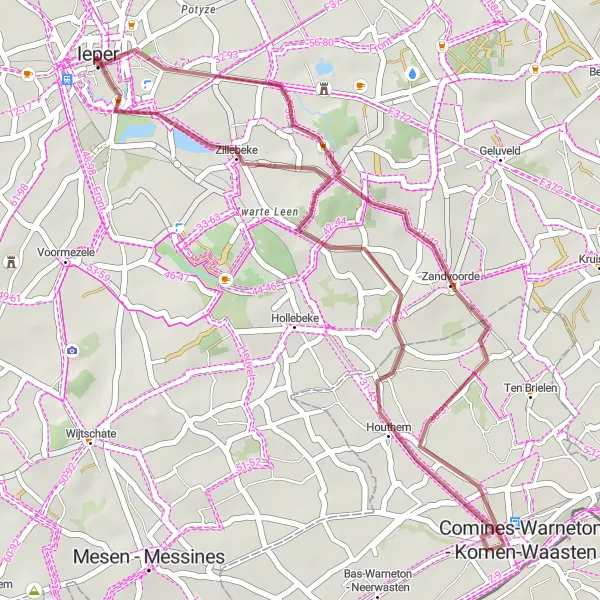 Miniature de la carte de l'inspiration cycliste "Les chemins de gravier autour d'Ypres" dans la Prov. West-Vlaanderen, Belgium. Générée par le planificateur d'itinéraire cycliste Tarmacs.app