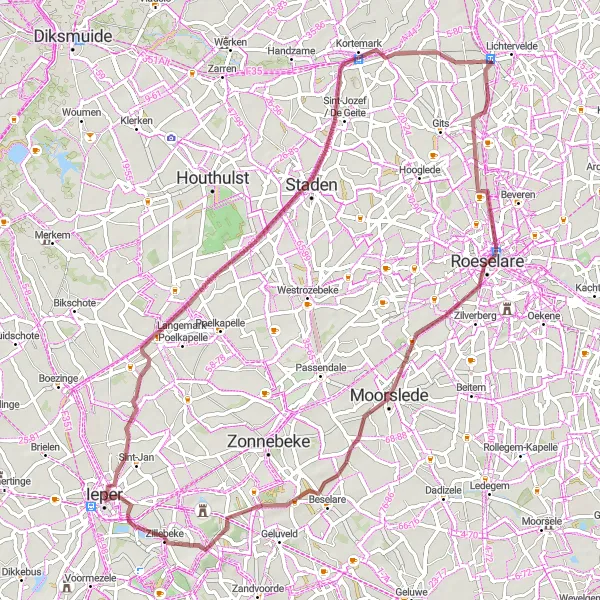 Karten-Miniaturansicht der Radinspiration "Graveltour von Ieper nach Staden und zurück" in Prov. West-Vlaanderen, Belgium. Erstellt vom Tarmacs.app-Routenplaner für Radtouren