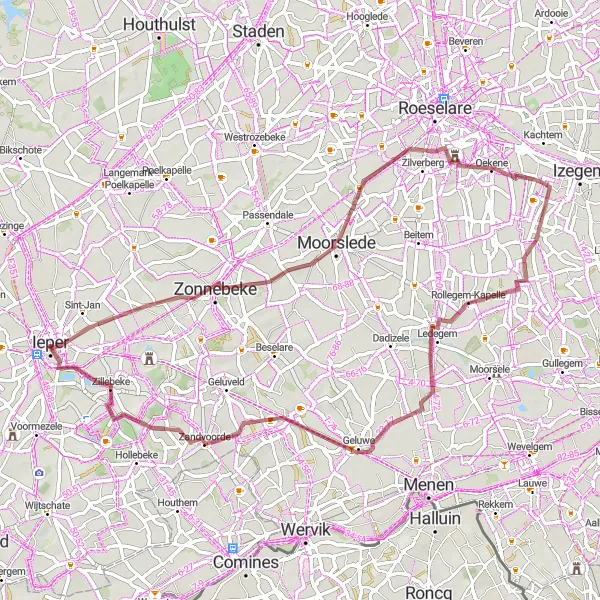Karten-Miniaturansicht der Radinspiration "Gravelabenteuer um Ieper" in Prov. West-Vlaanderen, Belgium. Erstellt vom Tarmacs.app-Routenplaner für Radtouren