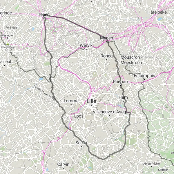 Map miniature of "The Ypres Hills Challenge" cycling inspiration in Prov. West-Vlaanderen, Belgium. Generated by Tarmacs.app cycling route planner