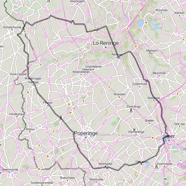 Karten-Miniaturansicht der Radinspiration "Rundfahrt "Die Schlachtfelder des Ersten Weltkriegs"" in Prov. West-Vlaanderen, Belgium. Erstellt vom Tarmacs.app-Routenplaner für Radtouren