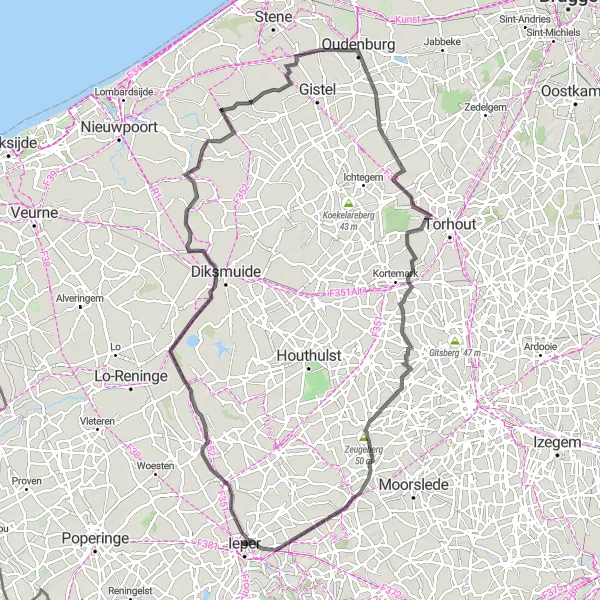 Karten-Miniaturansicht der Radinspiration "Rundfahrt von Ieper nach Onze-Lieve-Vrouwehoekje und zurück" in Prov. West-Vlaanderen, Belgium. Erstellt vom Tarmacs.app-Routenplaner für Radtouren