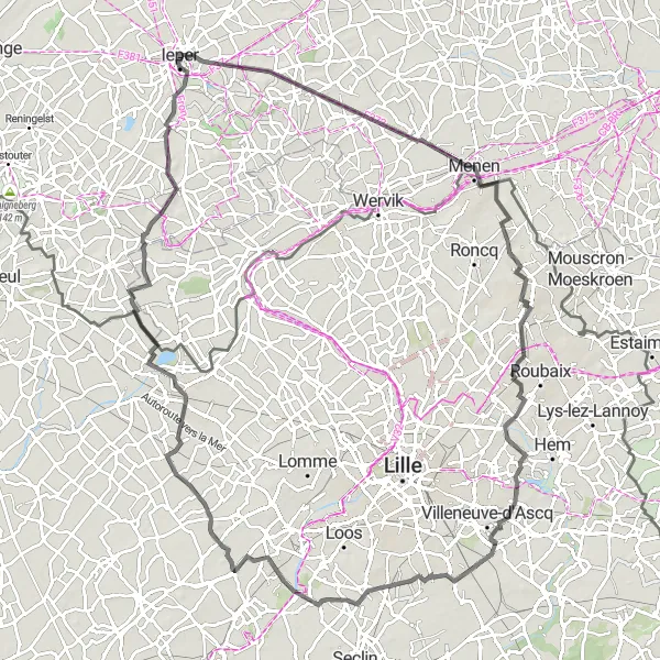 Karten-Miniaturansicht der Radinspiration "Rundfahrt von Ieper nach Croix und zurück" in Prov. West-Vlaanderen, Belgium. Erstellt vom Tarmacs.app-Routenplaner für Radtouren