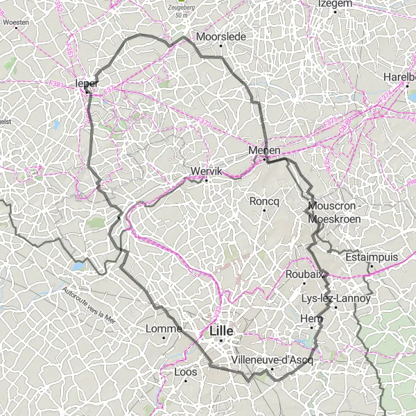 Miniature de la carte de l'inspiration cycliste "Voyage panoramique à vélo autour d'Ypres" dans la Prov. West-Vlaanderen, Belgium. Générée par le planificateur d'itinéraire cycliste Tarmacs.app