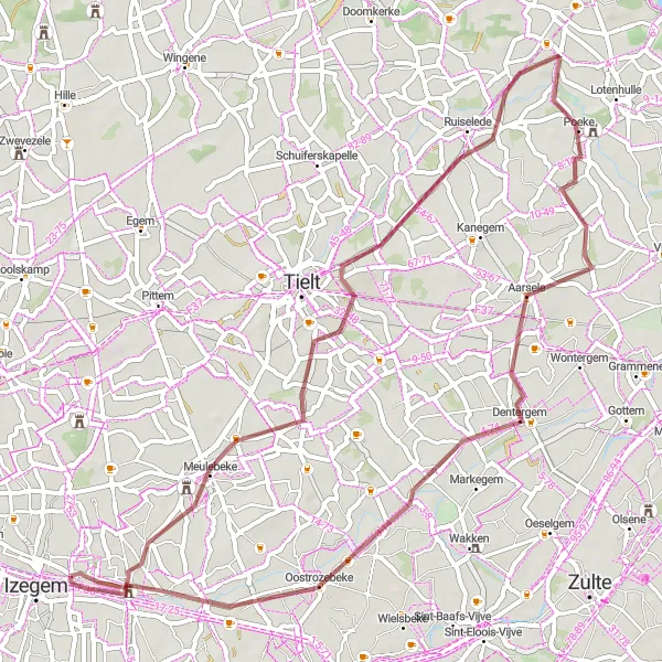 Map miniature of "The Meandering Gravel Circuit" cycling inspiration in Prov. West-Vlaanderen, Belgium. Generated by Tarmacs.app cycling route planner