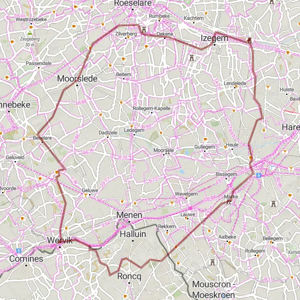 Miniatuurkaart van de fietsinspiratie "Kortrijk en Leie Graveltocht" in Prov. West-Vlaanderen, Belgium. Gemaakt door de Tarmacs.app fietsrouteplanner