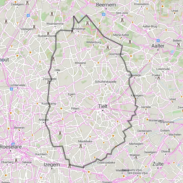 Map miniature of "Ingelmunster - Ardooie - Zwevezele - Ruiselede - Oostrozebeke - Ingelmunster" cycling inspiration in Prov. West-Vlaanderen, Belgium. Generated by Tarmacs.app cycling route planner