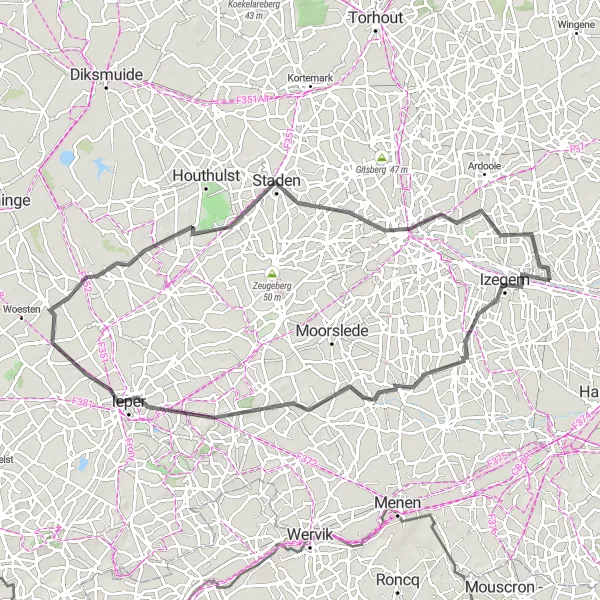 Map miniature of "Izegem - Ypres Route" cycling inspiration in Prov. West-Vlaanderen, Belgium. Generated by Tarmacs.app cycling route planner