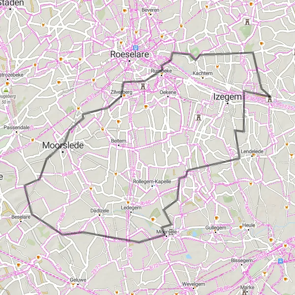 Map miniature of "Ingelmunster - Rumbeke Route" cycling inspiration in Prov. West-Vlaanderen, Belgium. Generated by Tarmacs.app cycling route planner