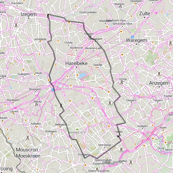 Map miniature of "The Ingelmunster Loop" cycling inspiration in Prov. West-Vlaanderen, Belgium. Generated by Tarmacs.app cycling route planner