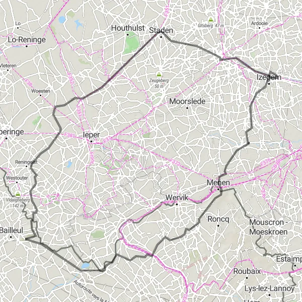 Map miniature of "The Hilly Challenge" cycling inspiration in Prov. West-Vlaanderen, Belgium. Generated by Tarmacs.app cycling route planner