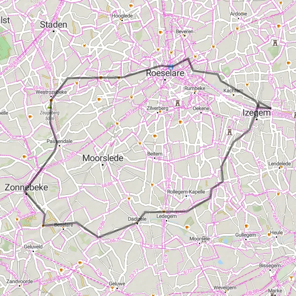 Miniature de la carte de l'inspiration cycliste "Itinéraire Cycliste Road en Belgique" dans la Prov. West-Vlaanderen, Belgium. Générée par le planificateur d'itinéraire cycliste Tarmacs.app