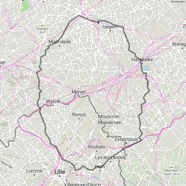 Miniature de la carte de l'inspiration cycliste "Parcours sur Route autour d'Ingelmunster" dans la Prov. West-Vlaanderen, Belgium. Générée par le planificateur d'itinéraire cycliste Tarmacs.app