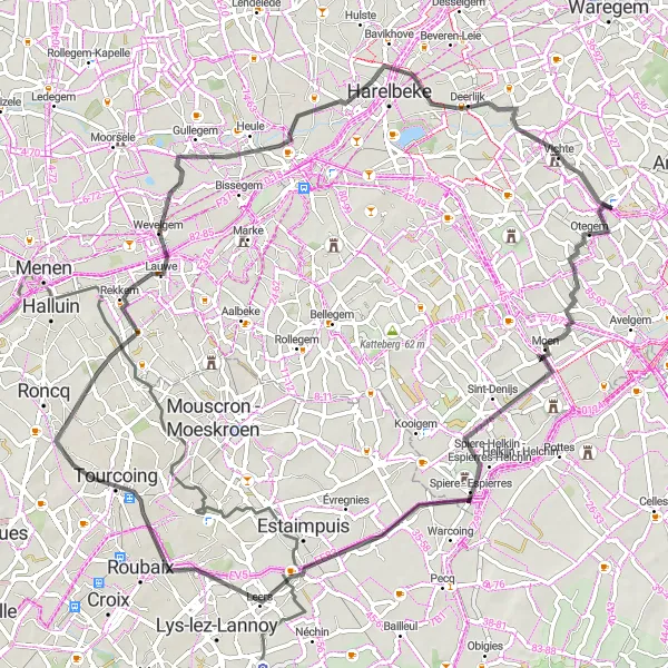 Miniatuurkaart van de fietsinspiratie "Grensverleggende tocht naar Kuurne" in Prov. West-Vlaanderen, Belgium. Gemaakt door de Tarmacs.app fietsrouteplanner