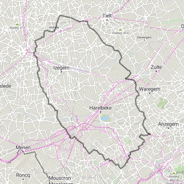 Map miniature of "Ingooigem to Keiberg Route" cycling inspiration in Prov. West-Vlaanderen, Belgium. Generated by Tarmacs.app cycling route planner