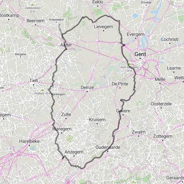 Map miniature of "The Road to Oudenaarde" cycling inspiration in Prov. West-Vlaanderen, Belgium. Generated by Tarmacs.app cycling route planner