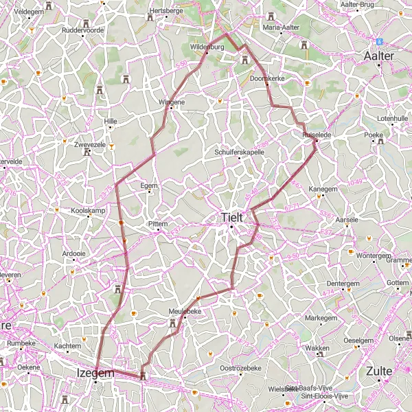 Karten-Miniaturansicht der Radinspiration "Rundfahrt von Izegem nach Wingene und Ruiselede" in Prov. West-Vlaanderen, Belgium. Erstellt vom Tarmacs.app-Routenplaner für Radtouren