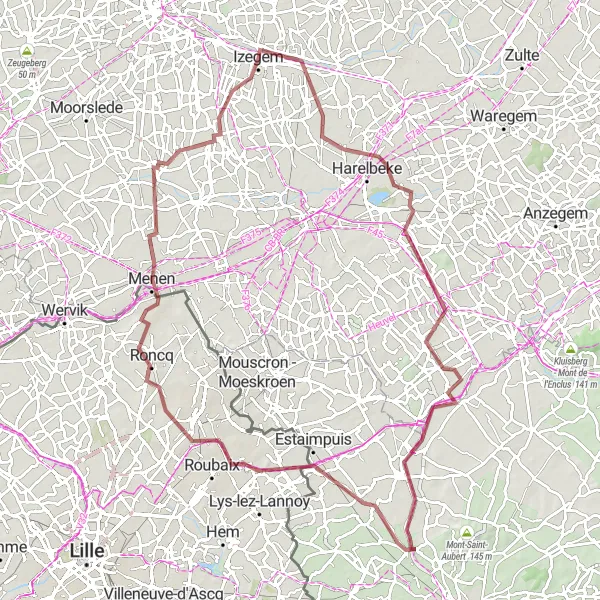 Karten-Miniaturansicht der Radinspiration "Rundfahrt von Izegem nach Pecq und Bailleul" in Prov. West-Vlaanderen, Belgium. Erstellt vom Tarmacs.app-Routenplaner für Radtouren