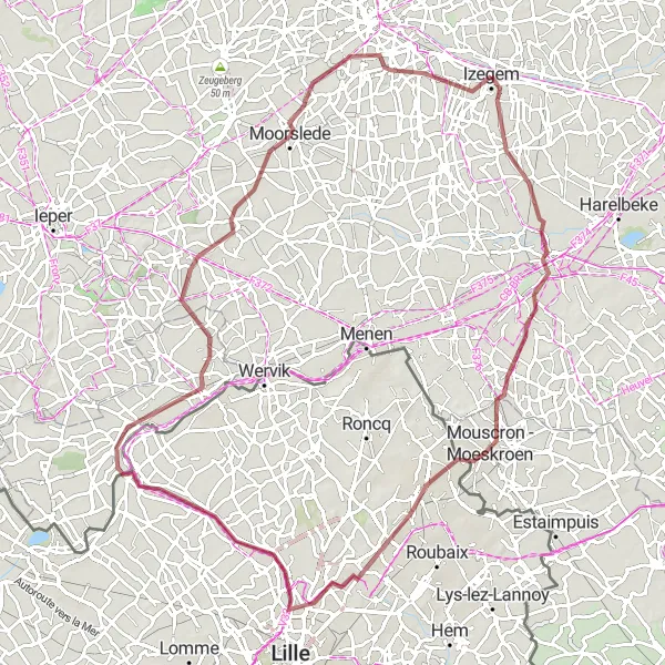 Miniatuurkaart van de fietsinspiratie "Gravelroute van Izegem naar Kortrijk en terug" in Prov. West-Vlaanderen, Belgium. Gemaakt door de Tarmacs.app fietsrouteplanner