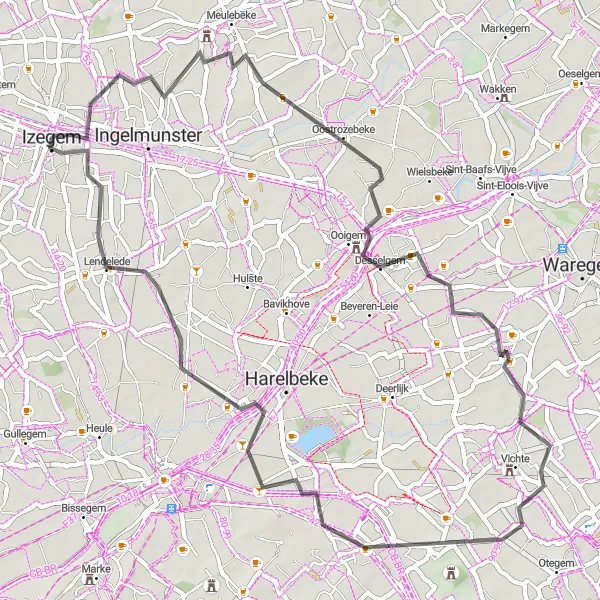 Karten-Miniaturansicht der Radinspiration "Rundfahrt von Izegem nach Zwevegem und zurück" in Prov. West-Vlaanderen, Belgium. Erstellt vom Tarmacs.app-Routenplaner für Radtouren