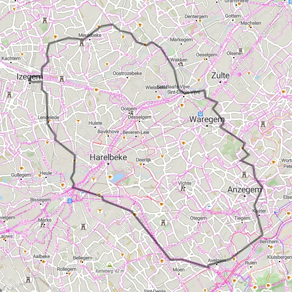 Miniature de la carte de l'inspiration cycliste "Parcours à Vélo sur Route près d'Izegem" dans la Prov. West-Vlaanderen, Belgium. Générée par le planificateur d'itinéraire cycliste Tarmacs.app