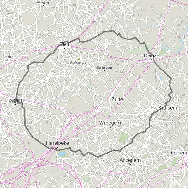 Map miniature of "Tielt to Izegem Road Expedition" cycling inspiration in Prov. West-Vlaanderen, Belgium. Generated by Tarmacs.app cycling route planner