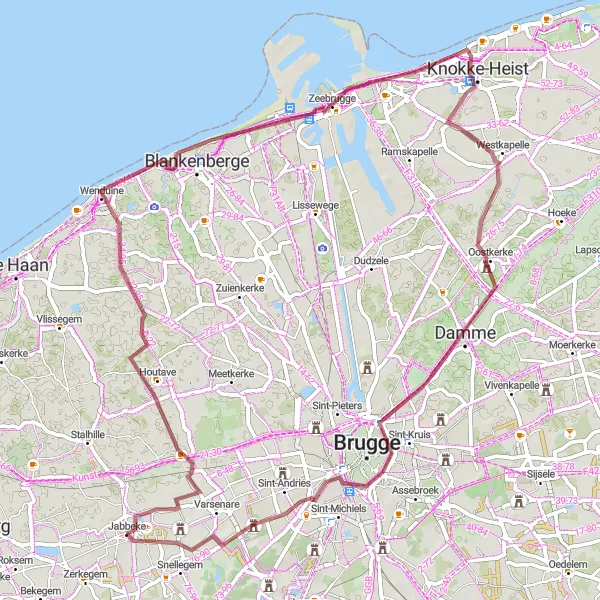 Miniatuurkaart van de fietsinspiratie "Gravelroute door West-Vlaanderen" in Prov. West-Vlaanderen, Belgium. Gemaakt door de Tarmacs.app fietsrouteplanner