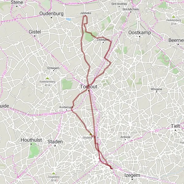 Miniatuurkaart van de fietsinspiratie "Avontuurlijke gravelroute in West-Vlaanderen" in Prov. West-Vlaanderen, Belgium. Gemaakt door de Tarmacs.app fietsrouteplanner