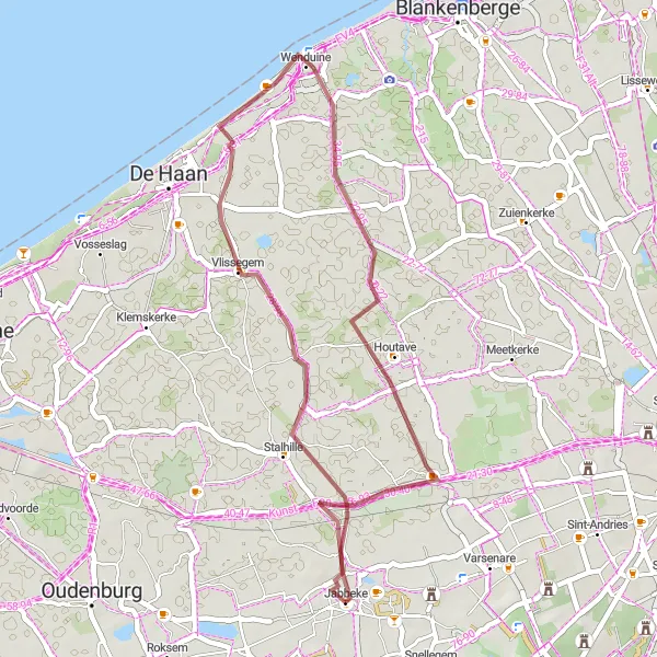 Karten-Miniaturansicht der Radinspiration "Gravelroute Jabbeke - Nieuwmunster - Stalhille" in Prov. West-Vlaanderen, Belgium. Erstellt vom Tarmacs.app-Routenplaner für Radtouren