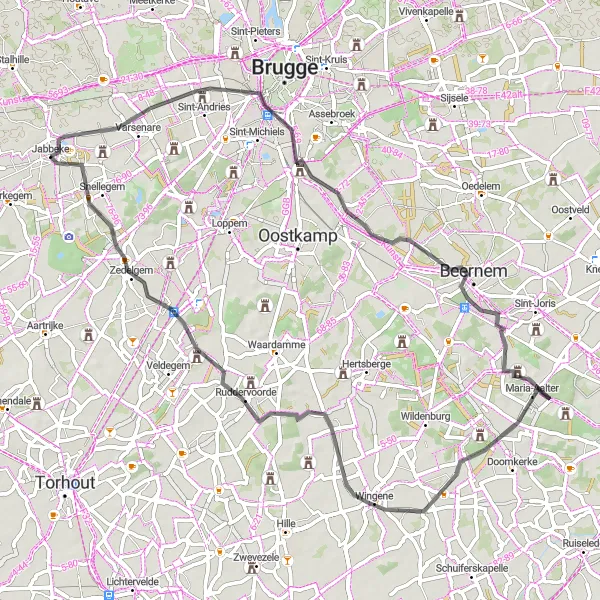 Miniatuurkaart van de fietsinspiratie "Historische route Jabbeke" in Prov. West-Vlaanderen, Belgium. Gemaakt door de Tarmacs.app fietsrouteplanner