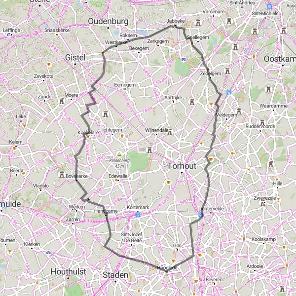 Miniature de la carte de l'inspiration cycliste "Route des Abbayes de Flandre" dans la Prov. West-Vlaanderen, Belgium. Générée par le planificateur d'itinéraire cycliste Tarmacs.app
