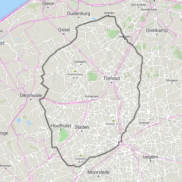 Miniatuurkaart van de fietsinspiratie "Ontdek de Groene Routes van Jabbeke" in Prov. West-Vlaanderen, Belgium. Gemaakt door de Tarmacs.app fietsrouteplanner