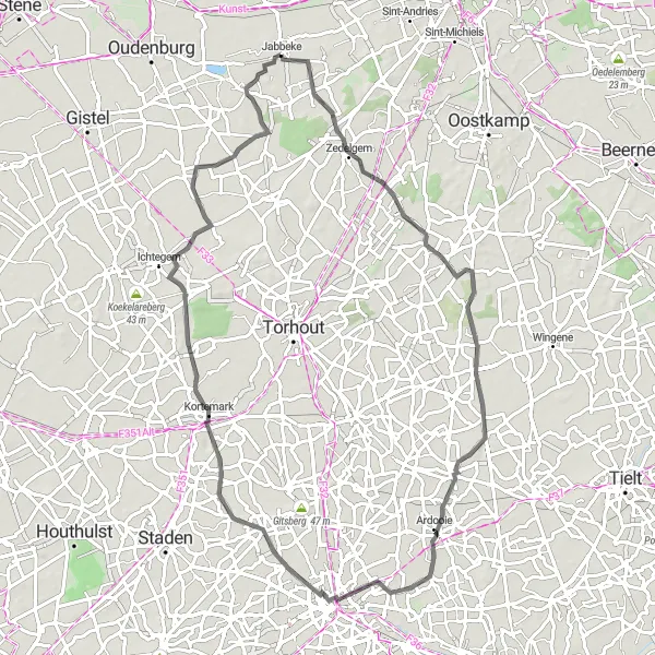 Miniature de la carte de l'inspiration cycliste "Tour Route de l'Ouest" dans la Prov. West-Vlaanderen, Belgium. Générée par le planificateur d'itinéraire cycliste Tarmacs.app