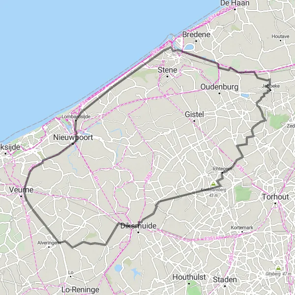Map miniature of "Coastal Gems and Battlefields" cycling inspiration in Prov. West-Vlaanderen, Belgium. Generated by Tarmacs.app cycling route planner