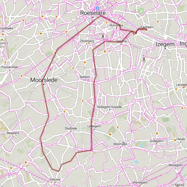 Miniature de la carte de l'inspiration cycliste "Boucle à vélo en gravier autour de Kachtem" dans la Prov. West-Vlaanderen, Belgium. Générée par le planificateur d'itinéraire cycliste Tarmacs.app