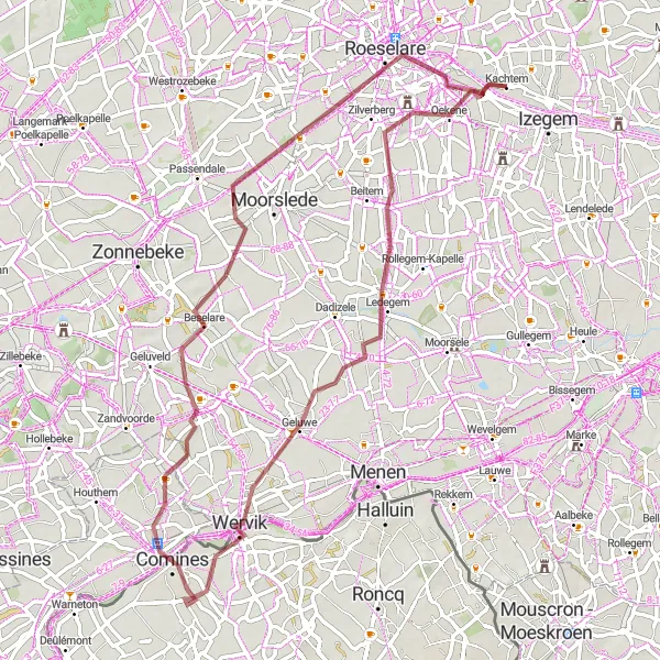 Miniature de la carte de l'inspiration cycliste "Parcours en gravel entre Kachtem et Roeselare" dans la Prov. West-Vlaanderen, Belgium. Générée par le planificateur d'itinéraire cycliste Tarmacs.app