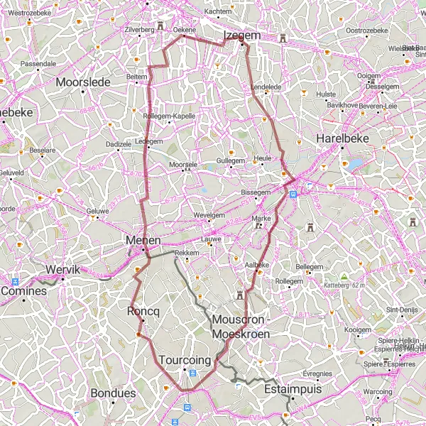 Miniatuurkaart van de fietsinspiratie "Gravelroute Kortrijk - Ledegem" in Prov. West-Vlaanderen, Belgium. Gemaakt door de Tarmacs.app fietsrouteplanner