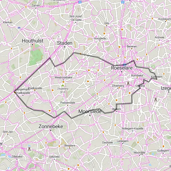 Karten-Miniaturansicht der Radinspiration "Rundfahrradroute von Kachtem" in Prov. West-Vlaanderen, Belgium. Erstellt vom Tarmacs.app-Routenplaner für Radtouren