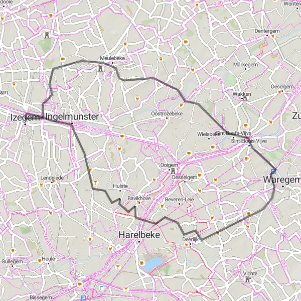 Miniatuurkaart van de fietsinspiratie "Wegroute Meulebeke-Ingelmunster" in Prov. West-Vlaanderen, Belgium. Gemaakt door de Tarmacs.app fietsrouteplanner