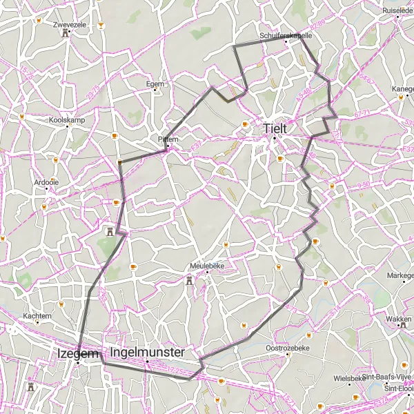 Karten-Miniaturansicht der Radinspiration "Radtour durch die Region um Kachtem" in Prov. West-Vlaanderen, Belgium. Erstellt vom Tarmacs.app-Routenplaner für Radtouren