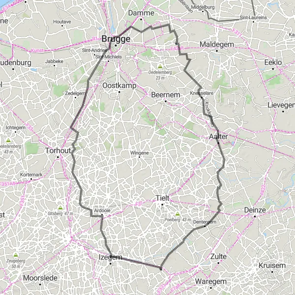 Miniature de la carte de l'inspiration cycliste "Route cyclable sur route pittoresque près de Kachtem" dans la Prov. West-Vlaanderen, Belgium. Générée par le planificateur d'itinéraire cycliste Tarmacs.app