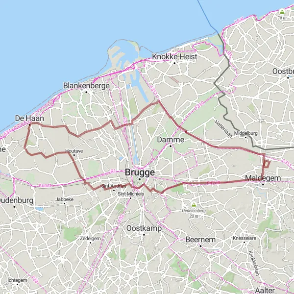 Map miniature of "Zuienkerke to Houtave Gravel Adventure" cycling inspiration in Prov. West-Vlaanderen, Belgium. Generated by Tarmacs.app cycling route planner