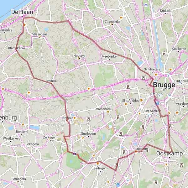 Map miniature of "Klemskerke Countryside Gravel Route" cycling inspiration in Prov. West-Vlaanderen, Belgium. Generated by Tarmacs.app cycling route planner