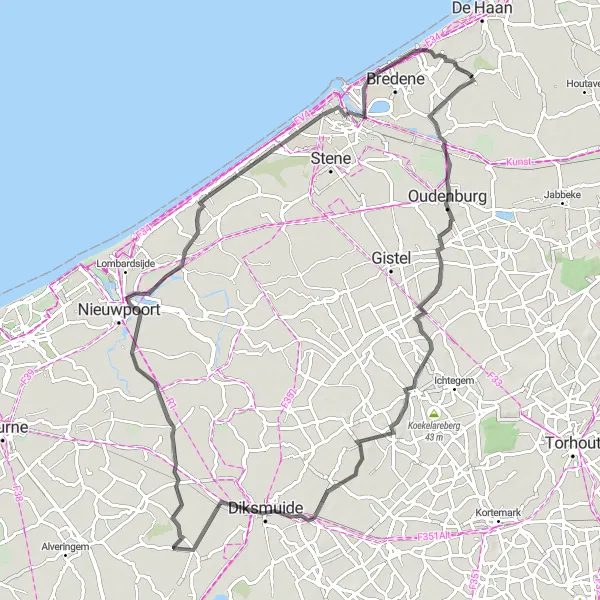 Map miniature of "Klemskerke to Vosseslag Road Adventure" cycling inspiration in Prov. West-Vlaanderen, Belgium. Generated by Tarmacs.app cycling route planner