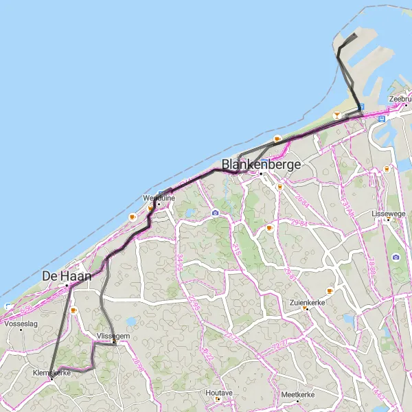 Map miniature of "Klemskerke to Vlissegem Road Loop" cycling inspiration in Prov. West-Vlaanderen, Belgium. Generated by Tarmacs.app cycling route planner