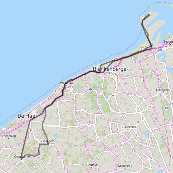 Miniature de la carte de l'inspiration cycliste "Exploration Côtière de Vlissegem et Blankenberge" dans la Prov. West-Vlaanderen, Belgium. Générée par le planificateur d'itinéraire cycliste Tarmacs.app