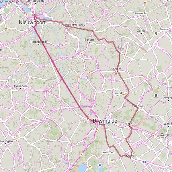 Miniature de la carte de l'inspiration cycliste "Parcours Rustique à travers Mannekensvere" dans la Prov. West-Vlaanderen, Belgium. Générée par le planificateur d'itinéraire cycliste Tarmacs.app